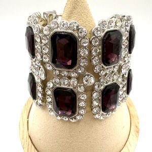 Y2K Purple Rhinestone Multi Strand Chain Cuff Bracelet Cocktail